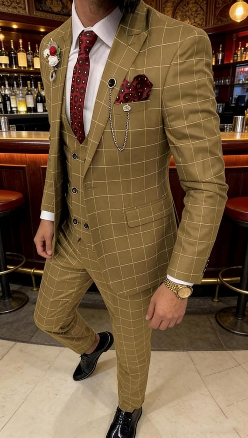 Men's Suit Slim Fit 3 Piece Plaid Suits for Men Checked Tuxedo Suit Men Formal Plaid Blazer Vest Pants Set