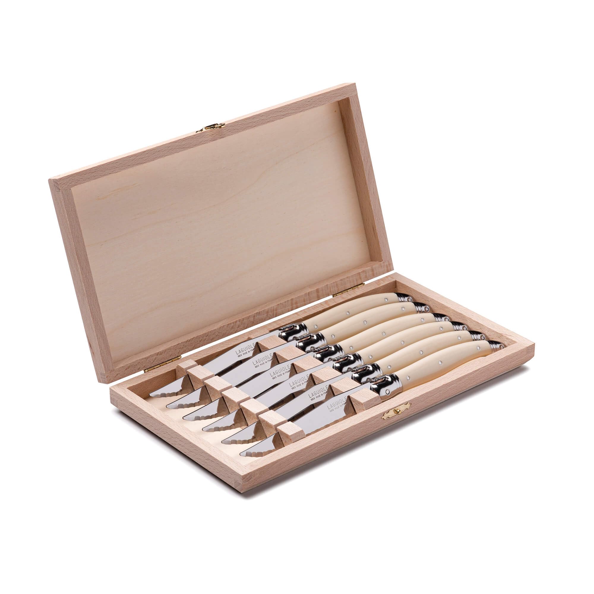 LAGUIOLE6 Piece Steak Knife Set in Lidded Wooden Gift Box, Serrated Edge, 100% Made in France, Cream,(K81W)