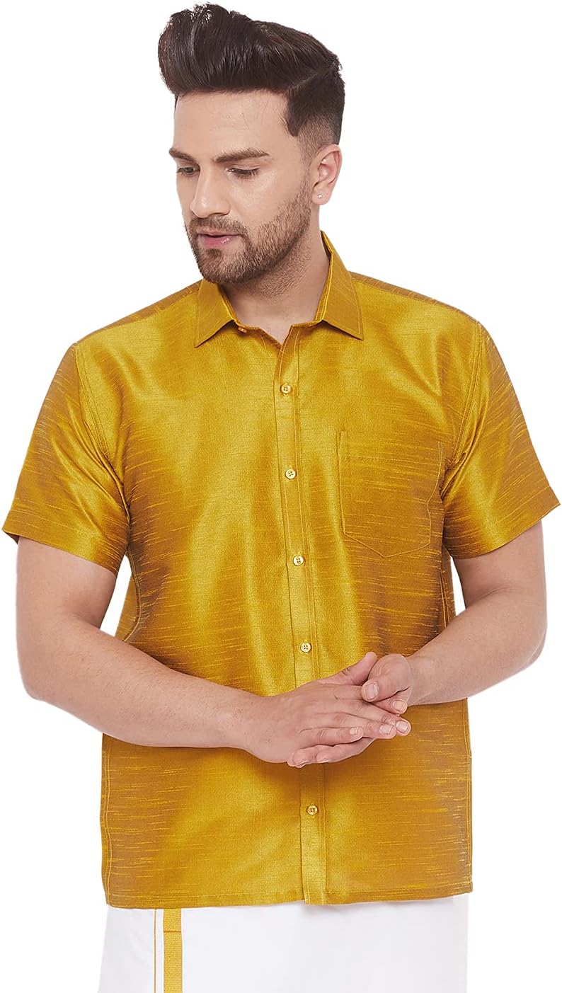 VASTRAMAY Men's Silk Blend Ethnic Shirt - Half Sleeves, South Indian Traditional Shirt for Weddings, Festivals, & Casual Wear