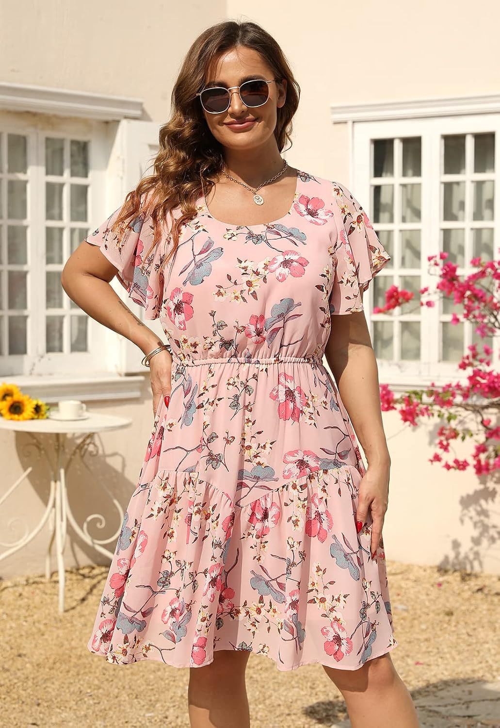 Nemidor Plus Size Summer Dresses for Curvy Women Casual Boho Midi Chiffon Print Floral Dress with Ruffle Sleeve 14-26