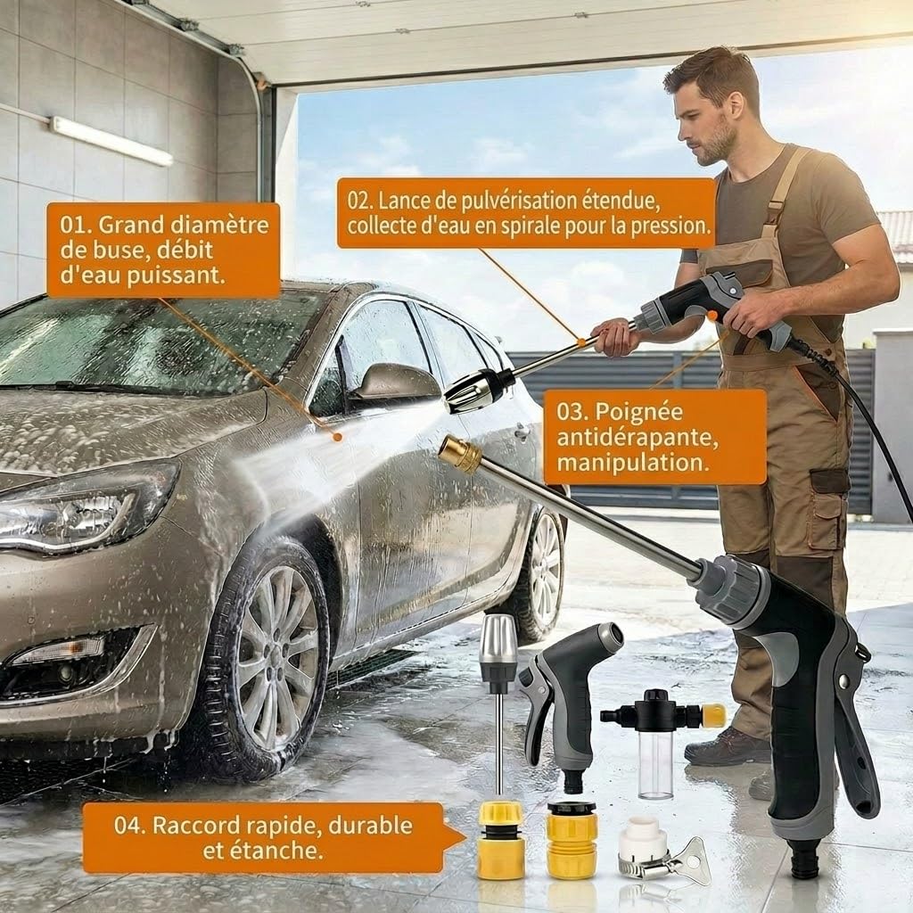 Qinux Aquoxis Nettoyeur Haute Pression, Buse De Nettoyage Pour Tuyau D’Arrosage, Jet Puissant Pour Terrasse, Voiture, Allée, Murs Et Extérieur, Réglable Et Facile À Utiliser