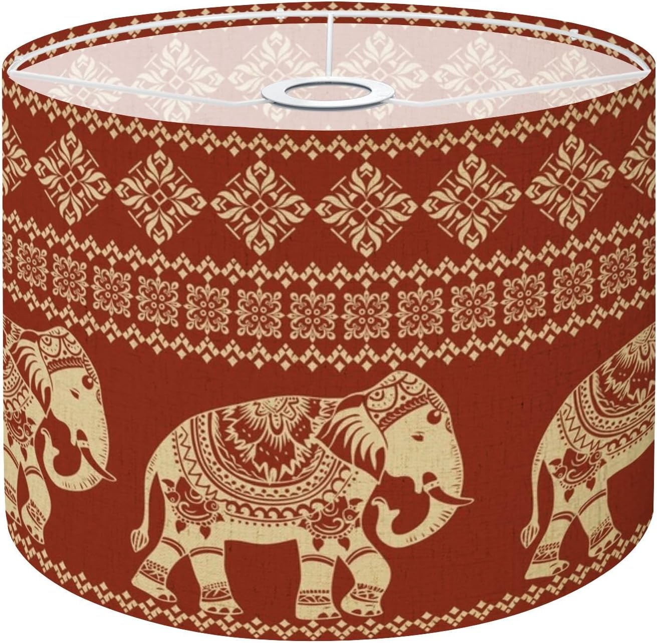 Boho Drum Lamp Shades - 11" x 11" x 8.9" Seamless Pattern Tribal Ethnic indian Elephant pattern Thai elephant Replacement Natural Linen Lampshades for Table Lamps, Floor Lamps Easy Assembly