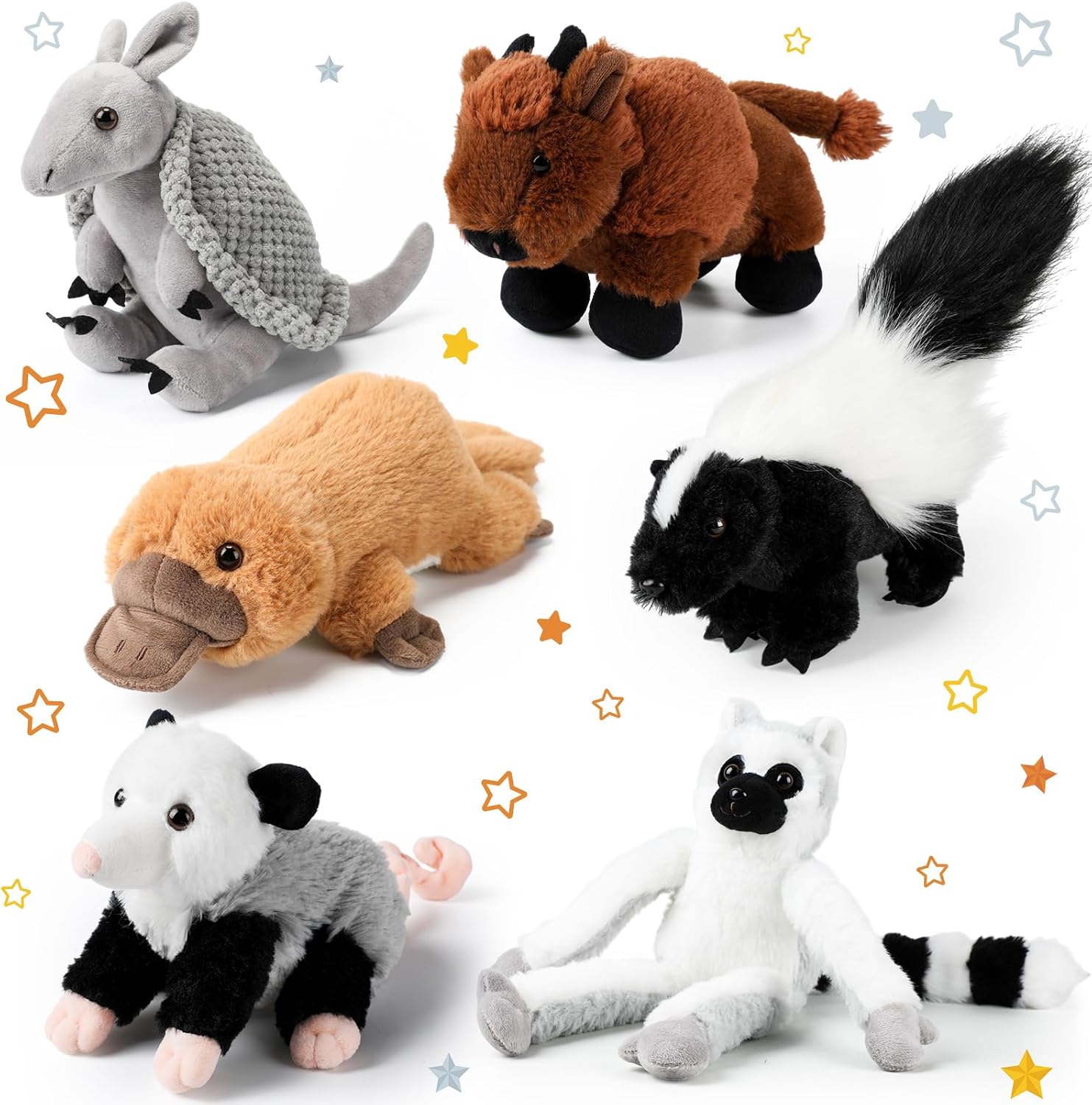 Jenaai 6 Pcs Safari Stuffed Animals Bulk 10 Inch Zoo Wild Plush Toys Set Armadillo Opossum Skunk Bison Lemur Stuffed Animals Valentines Day Gifts for School Classroom Students Prizes
