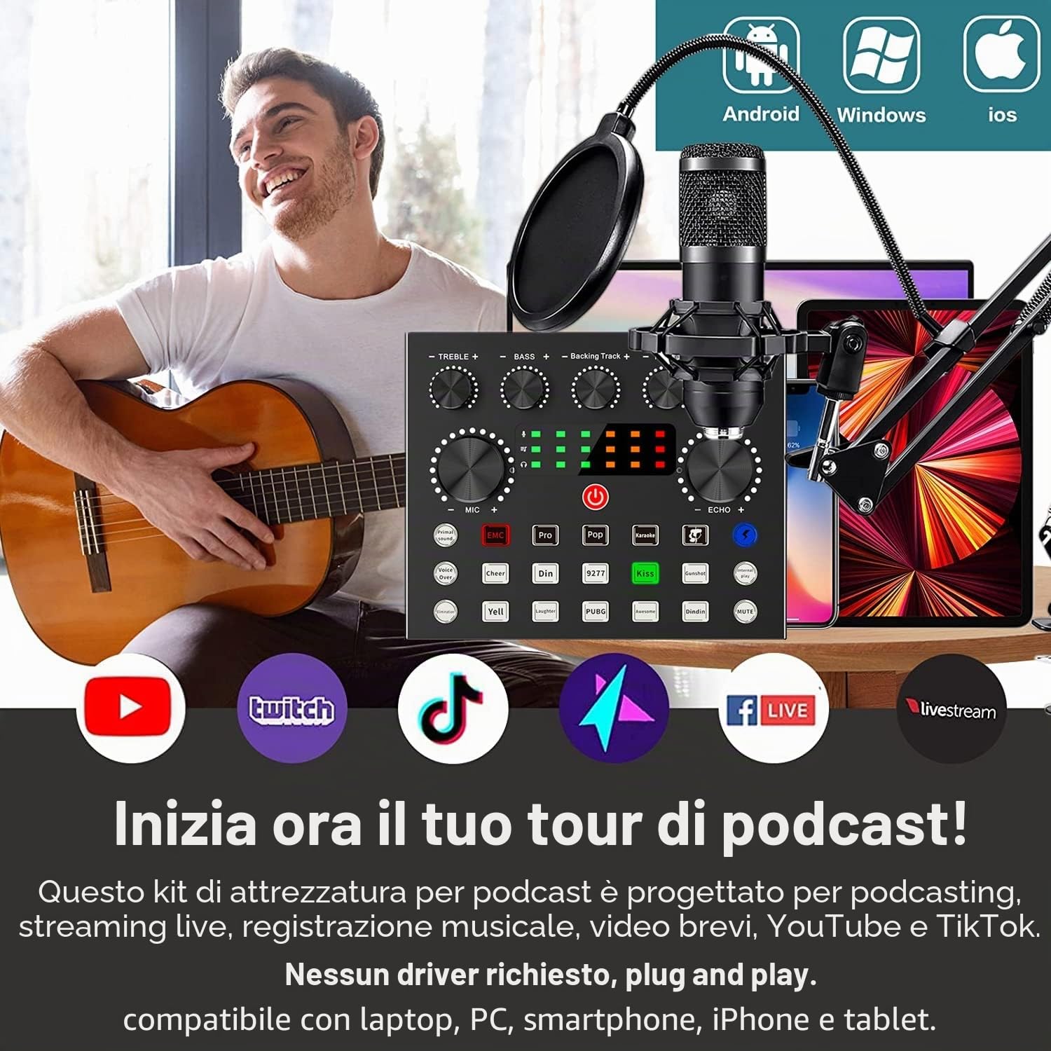 Pacchetto di apparecchiature per podcast, BM800 Podcast Microfono Bundle con V8s Voice Changer, Microfono a condensatore Pacchetto Studio di registrazione per podcasting Live Streaming Canto PC Mobile