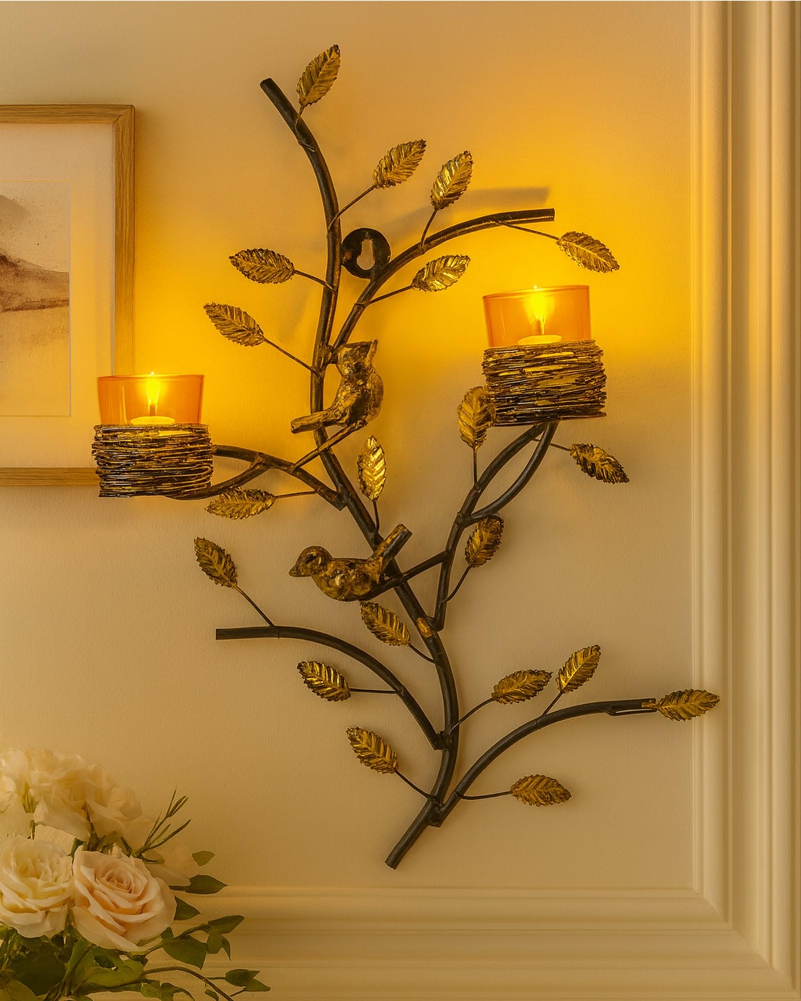 Homesake® Copper Tree with Bird Nest Votive Stand Red, Wall Candle Holder and Tealight Candles, Rose Gold (Yellow)-image-46