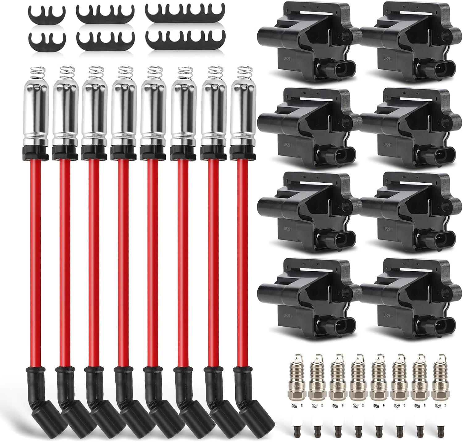 UF271 Ignition Coils Pack & Double Iridium Spark Plugs & 10.2MM Spark Plug Wires for Chevy Avalanche Express Tahoe Silverado Suburban 1500 2500 3500/GMC Savana Sierra Yukon/Hummer H2 OEM# C1208 D581