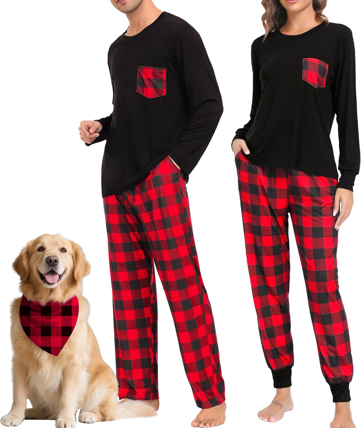 SWOMOG Adult Christmas Pajamas Buffalo Plaid Pajama Pants with Pockets Long Sleeve Tops for Couples & Family
