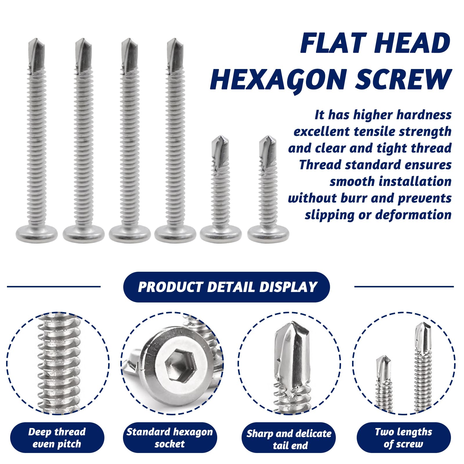 100 Pcs Self Tapping Screws M5.5x50mm/M5.5x25mm Metal Flat Head Hexagon Socket Screw with Hexagon Socket Drill Stainless Steel Self Drilling Screws for Wood Roofing Facade Fences Fixing - Image 3