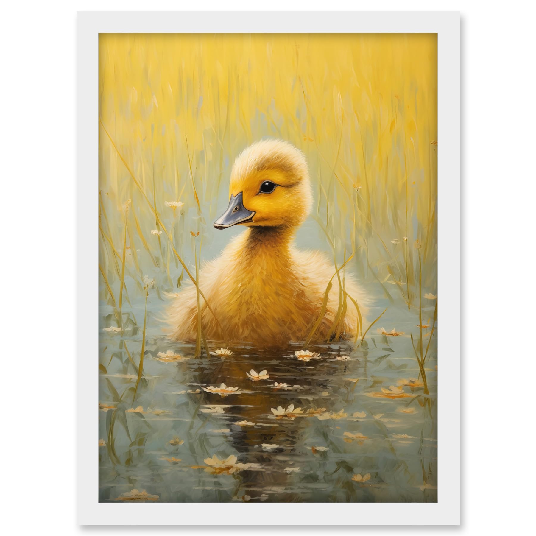 Artery8 Cute Yellow Ducking in Countryside Pond Oil Painting Kids Bedroom Baby Duck Bright Artwork Framed A3 Wall Art Print