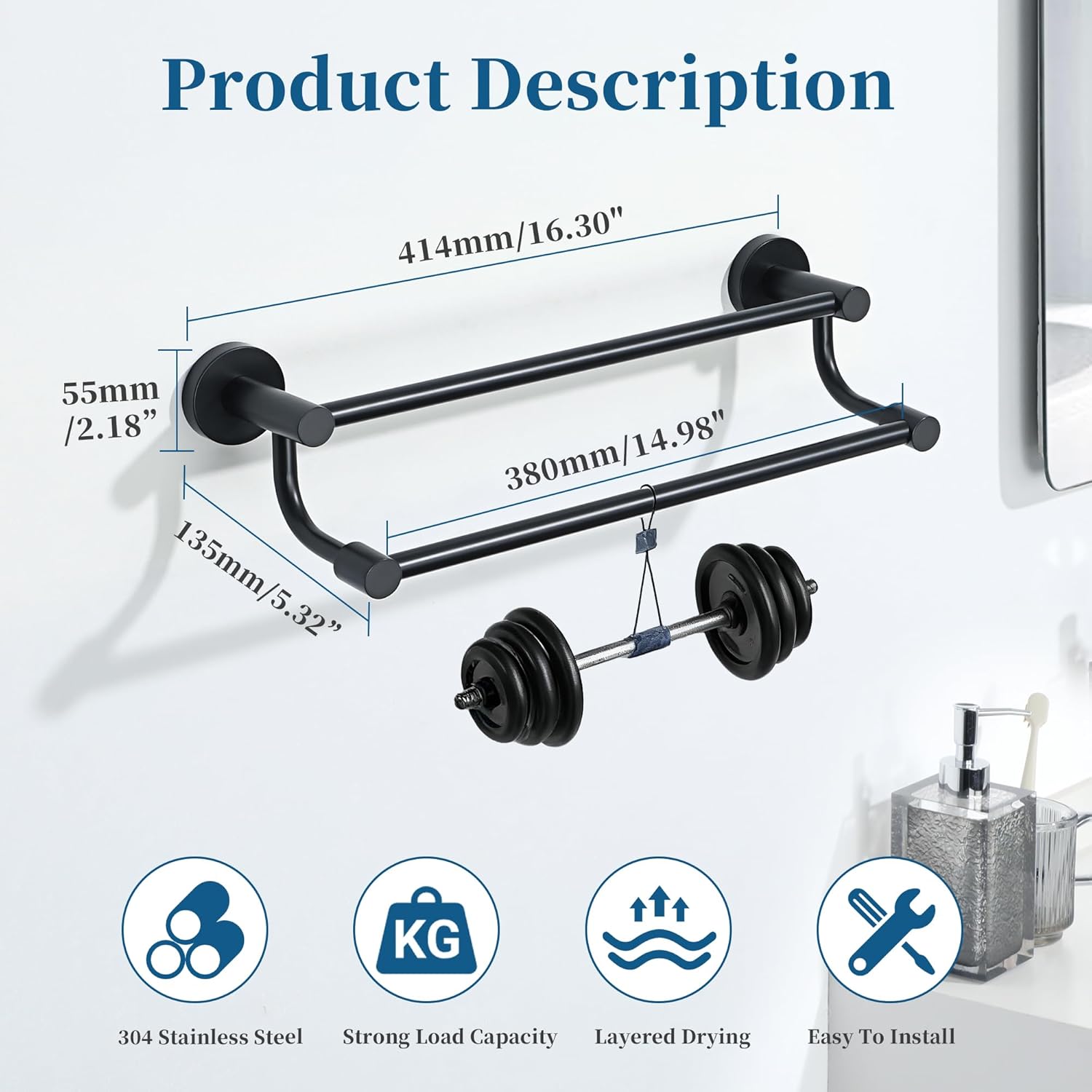 Alise Double Towel Bars,16 Inch Towel Rack for Bathroom, Wall Mount Towel Holder, Quick Drying Towel Hanger SUS304 Stainless Steel Towel Rail, Matte Black, GOY4400-B - Image 2