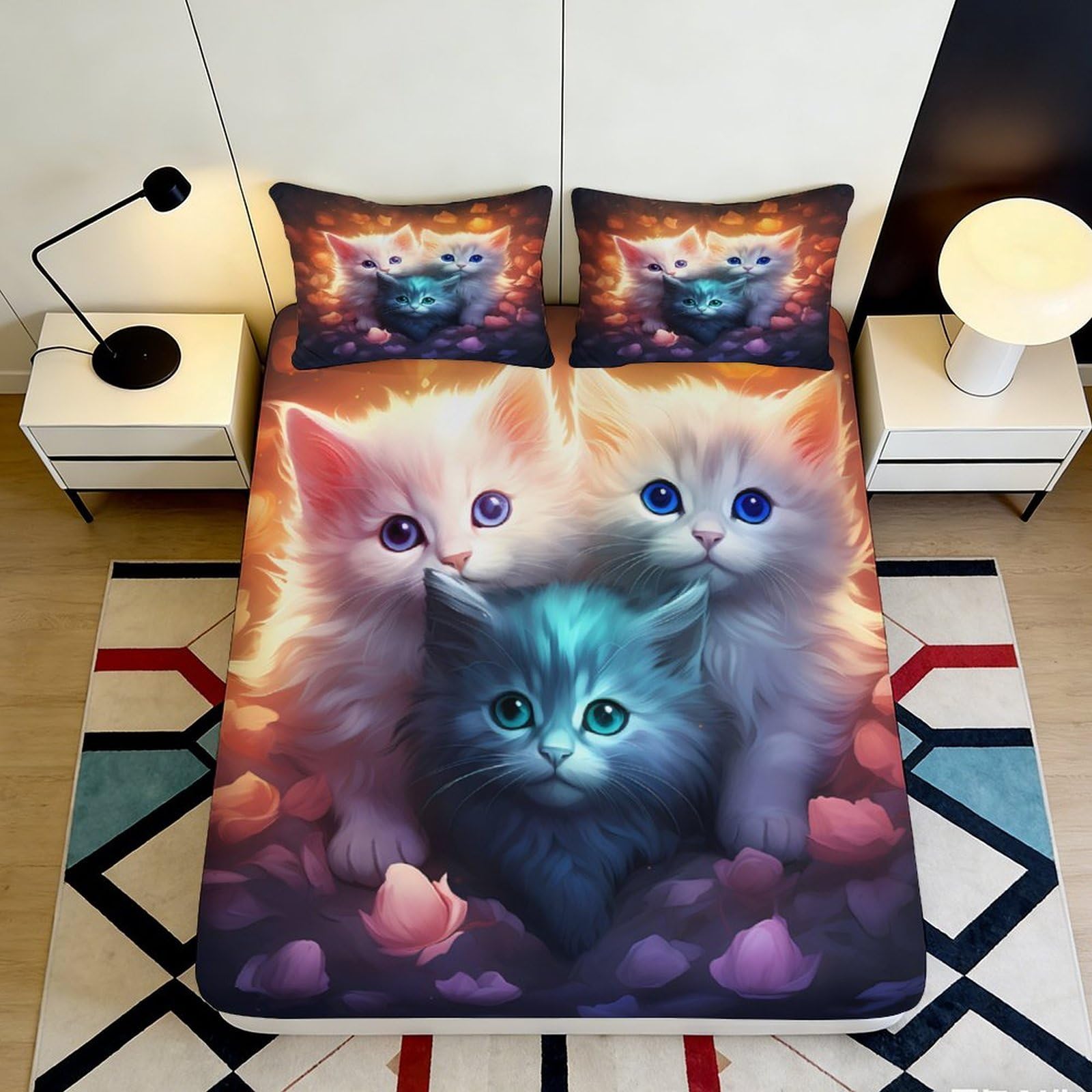 Pnayamiorkfel Style-6 3D Printed Cute Kitten Fitted Sheet Microfiber Soft Non-Slip Cat Trio Bed Cover Bedroom Decor Easy Care 90X200x25cm