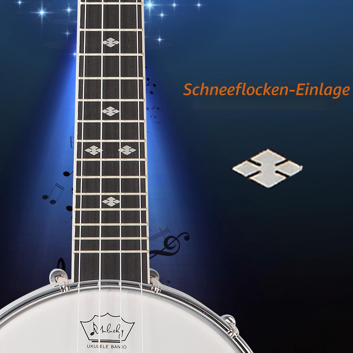 Banjolele, 4-saitig, Mulucky-Konzertgröße, 23 Zoll, Banjo-Ukulele, geschlossene Rückseite aus Massivholz, Anfänger-Set mit Halsstab, Gigbag, Stimmgerät, Saitengurt, Plektren – BU8017