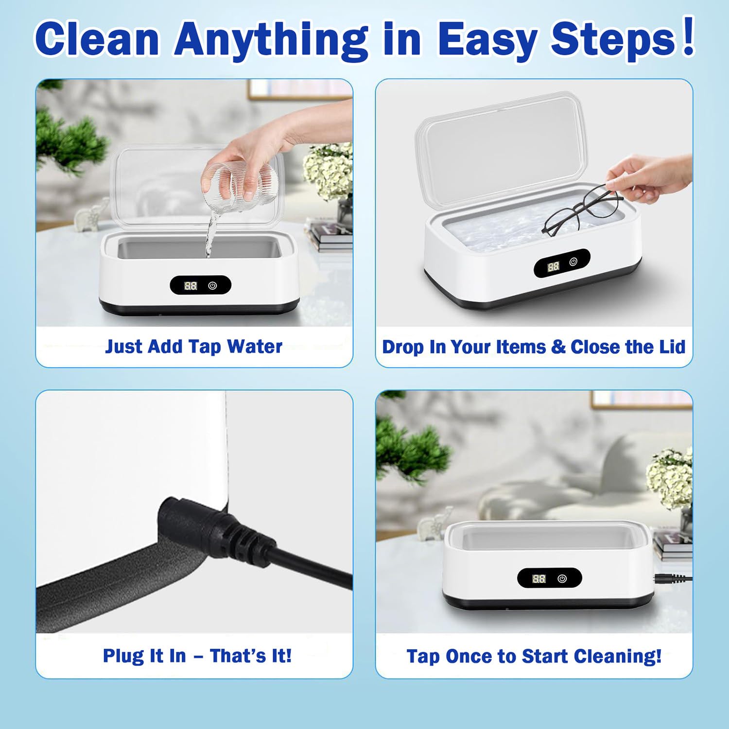 Ultrasonic Cleaner, 650ml Jewelry Cleaner Machine for Glasses, Retainers, Ring and Dentures, 49kHz Deep Cleaning with 5 Timer Settings, 304 Stainless Steel Tank
