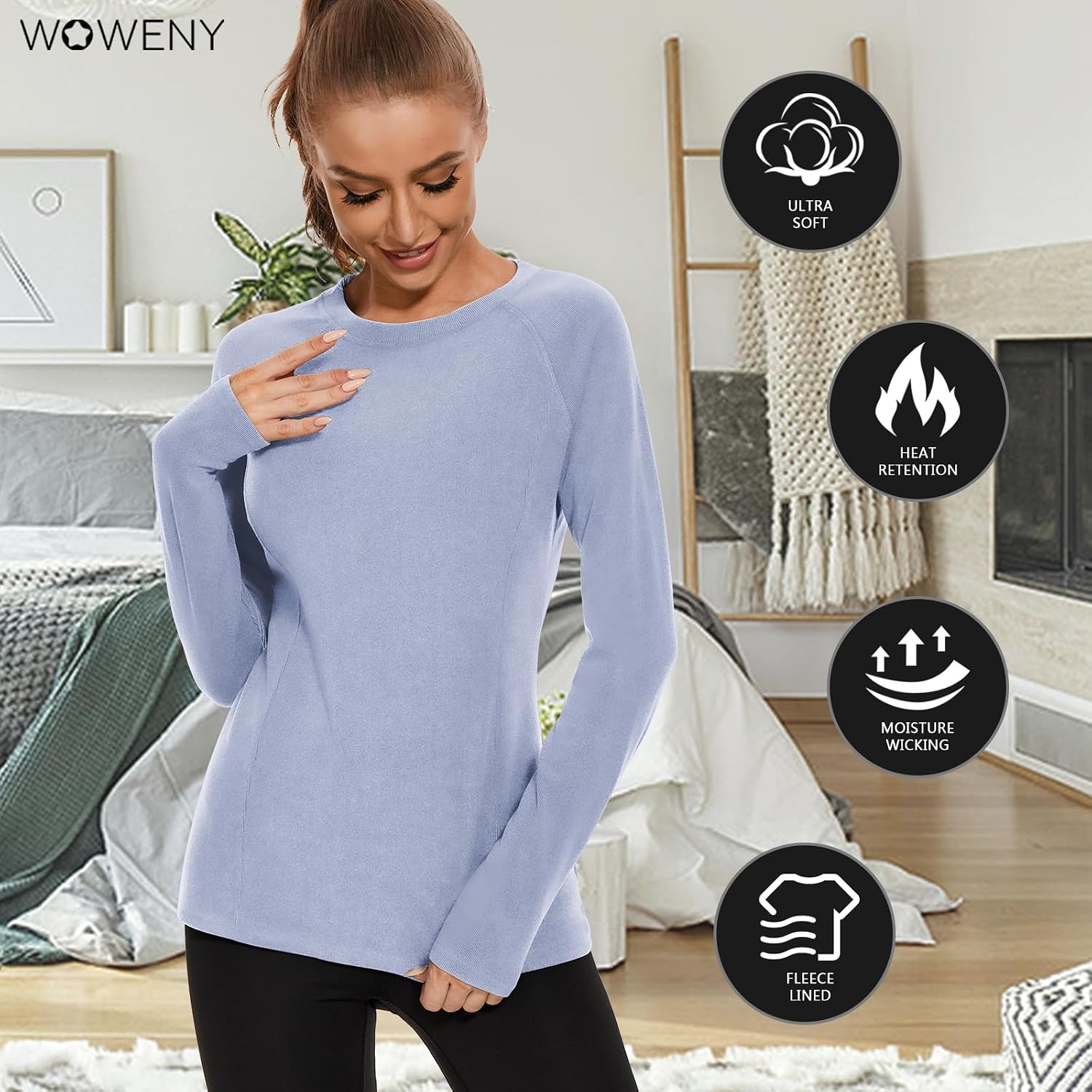 WOWENY Thermal Shirts for Women Base Layer Soft Fleece Lined Long Sleeve Top Thermal Underwear Winter Cold Weather