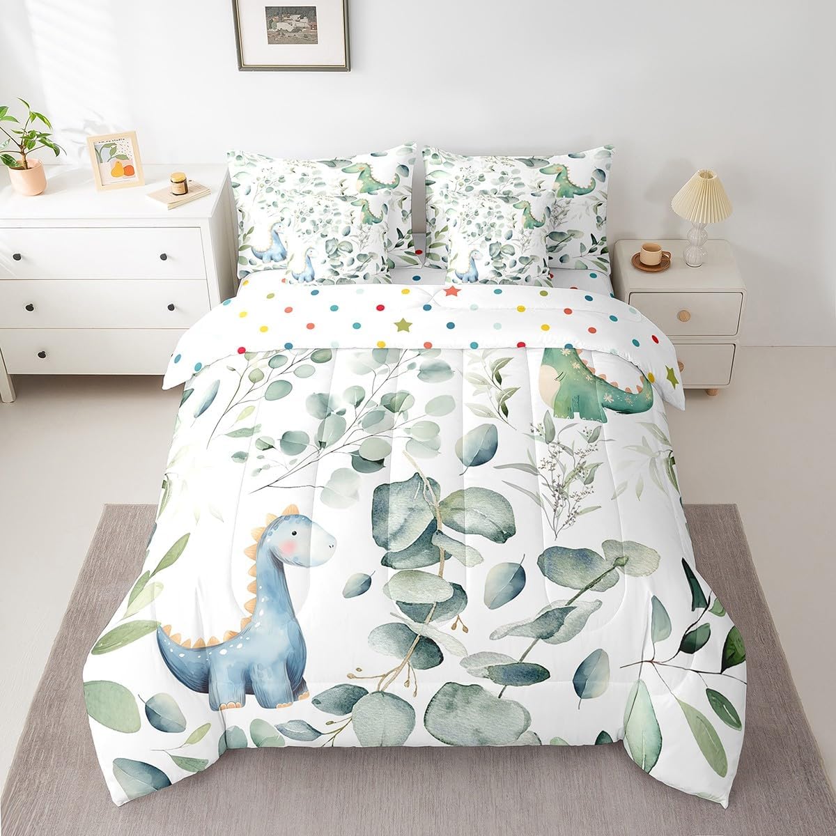 Erosebridal 7-Piece Kawaii Dinosaur Bedding Twin for Boys Girls Cartoon Animal Dino Comforter Set, Eucalyptus Leaves Bedding Comforter Sets Jungle Wildlife Bed in a Bag, Botanical Bedding Accessories