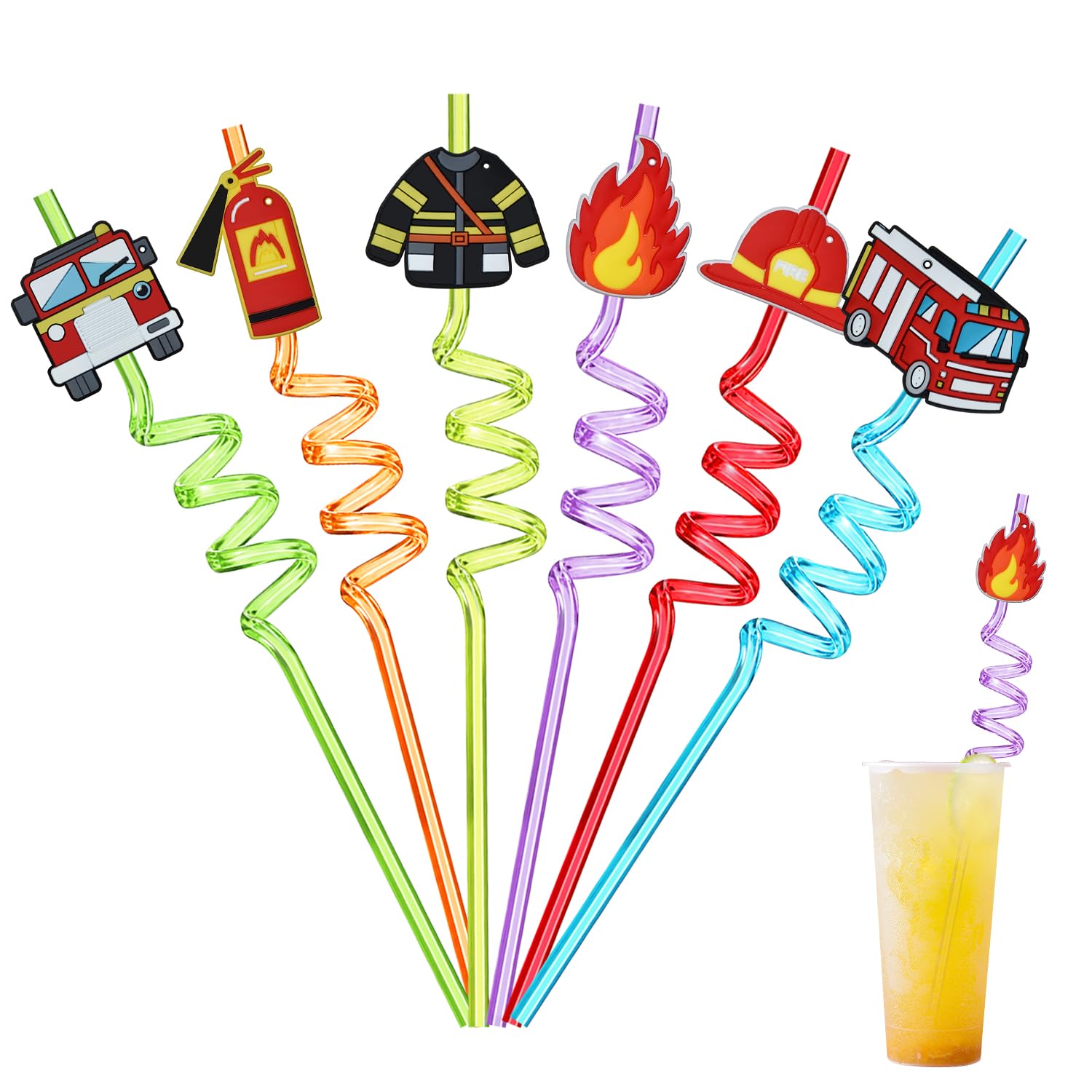 Ulife Mall Firefighter Praty Straws, Reusable Fireman Drinking Straw Plastic Straws Fire Engine Birthday Party Decorations Supplies Kids Boys Family Reunion Favors - Pack of 6