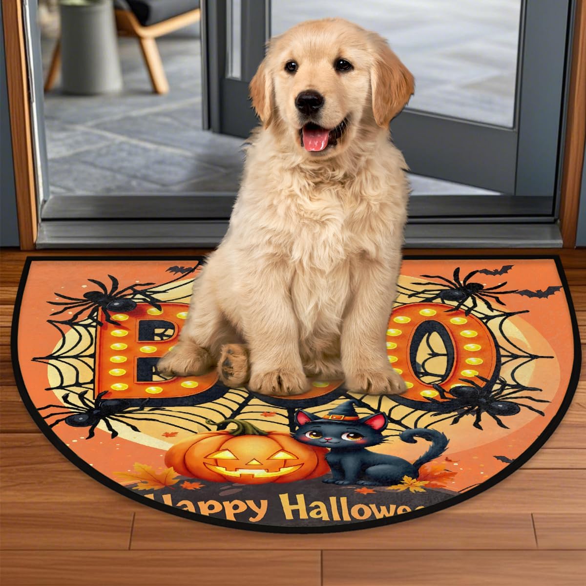 Halloween Black Cat Pumpkin Boo Half Round Doormat Washable Semi Circle Rug Non Slip Half Moon Rug Floor Mat for Indoor Outdoor Bathroom Kitchen Fireplace Entryway Bath Holiday Decor