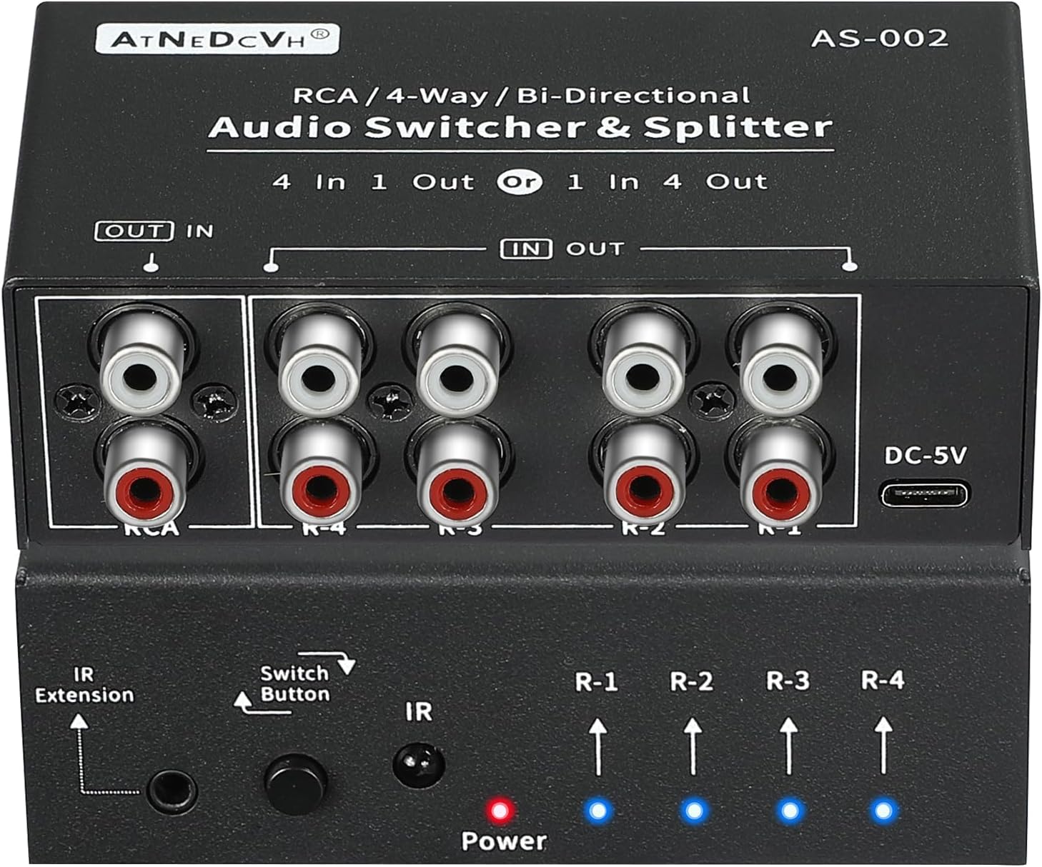 RCA 4-Way Bi-Directional Audio Switcher Splitter, 1 in 4 Out / 4 in 1 Out Stereo L/R Sound Channel Audio Switch Selector Splitter Box with Remote Control for Speakers Headphones Amps (Black)