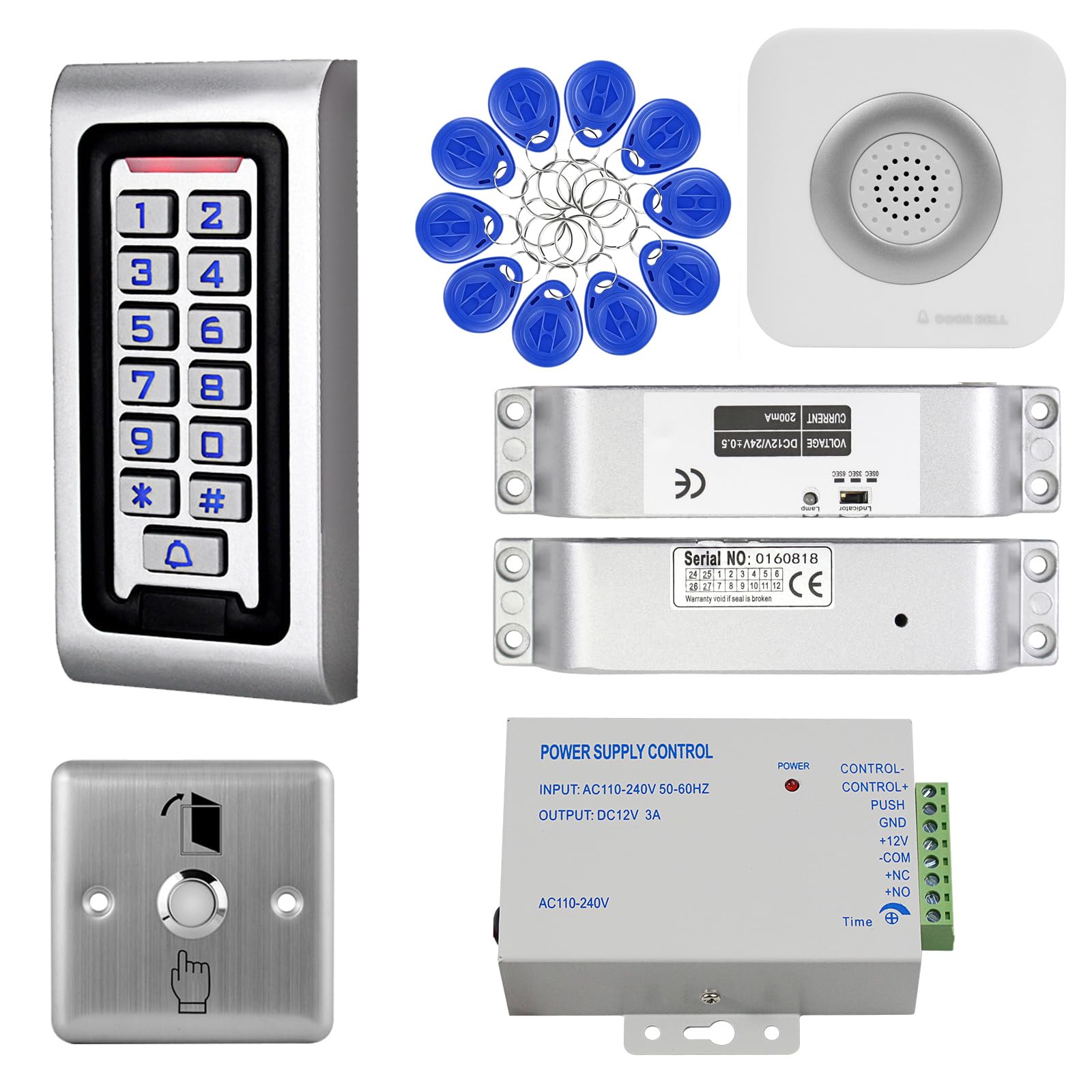 Kit de contrôle d'accès étanche avec clavier RFID - Petit verrou - Dispositif de libération de sortie de porte avec sonnette pour système d'entrée de porte simple