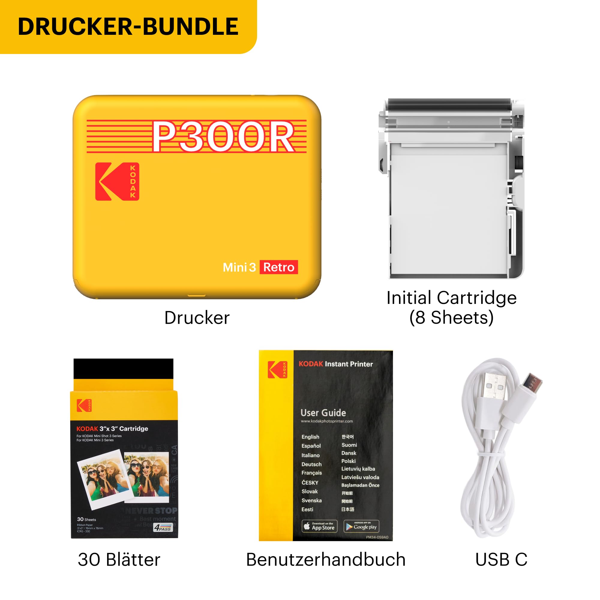 KODAK Mini 3 Retro Tragbarer Fotodrucker, 7,6 x 7,6 cm, Bluetooth, 4PASS-Farbsublimation, Weiß