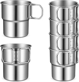 6 Pack Stainless Steel Camping Cups with Foldable Handle, 10 oz Metal Camping Coffee Mugs with Double Wall Design, Backpacking Mugs Travel Ideal for Outdoor Activities, Travel, and Home Use