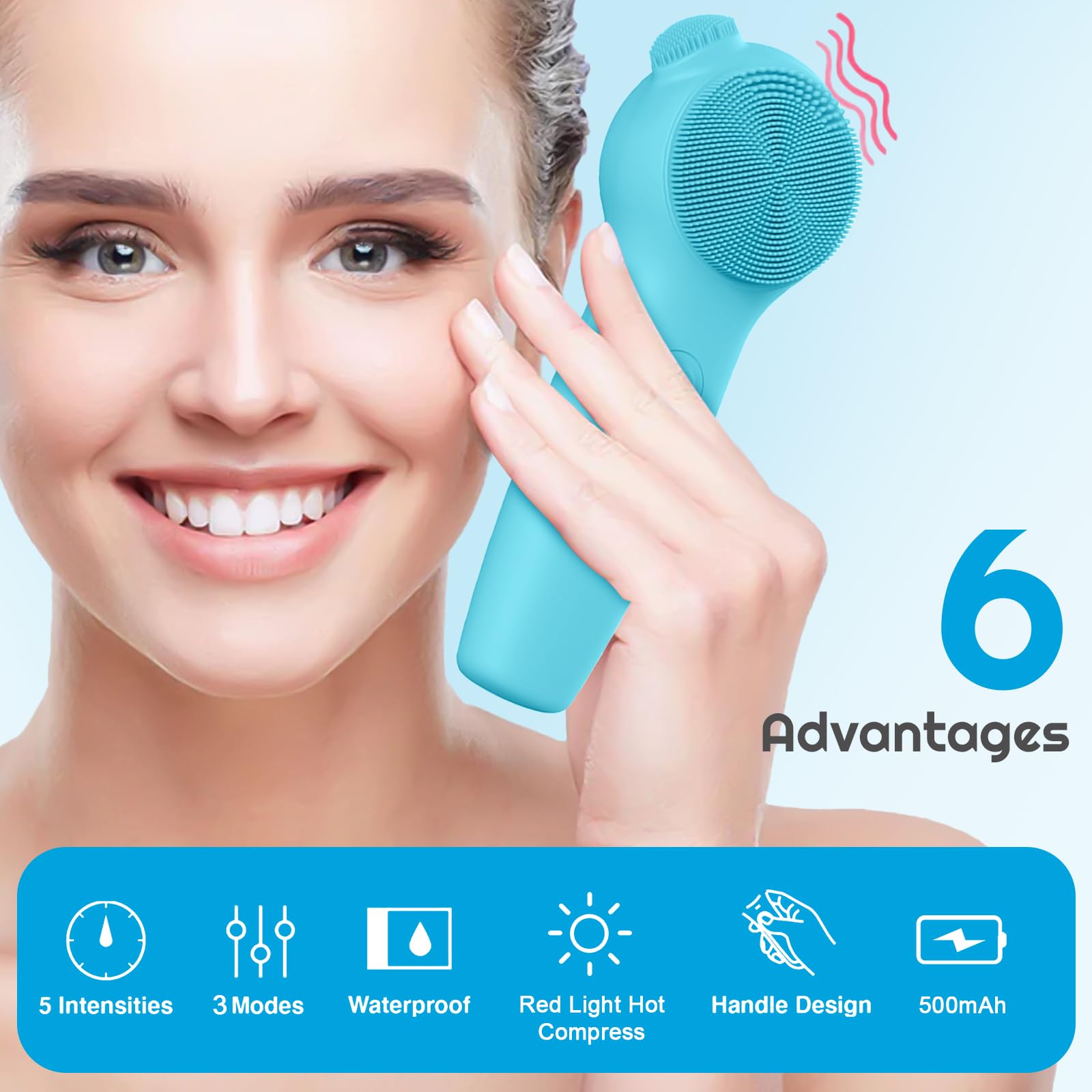 Landmore Limpiador facial de silicona, cepillo de limpieza facial impermeable con masaje térmico de luz roja, limpiador facial eléctrico con exfoliante de nariz para mujeres/hombres, limpieza