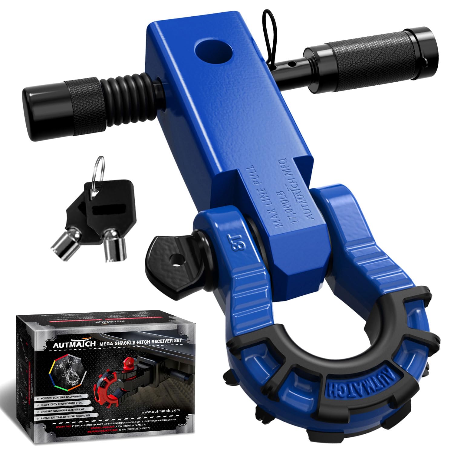 AUTMATCH Shackle Hitch Receiver 2" with 3/4" Mega D Ring Shackle and 5/8" Trailer Hitch Lock Pin, 68,000 Lbs Break Strength Heavy Duty Receiver Towing