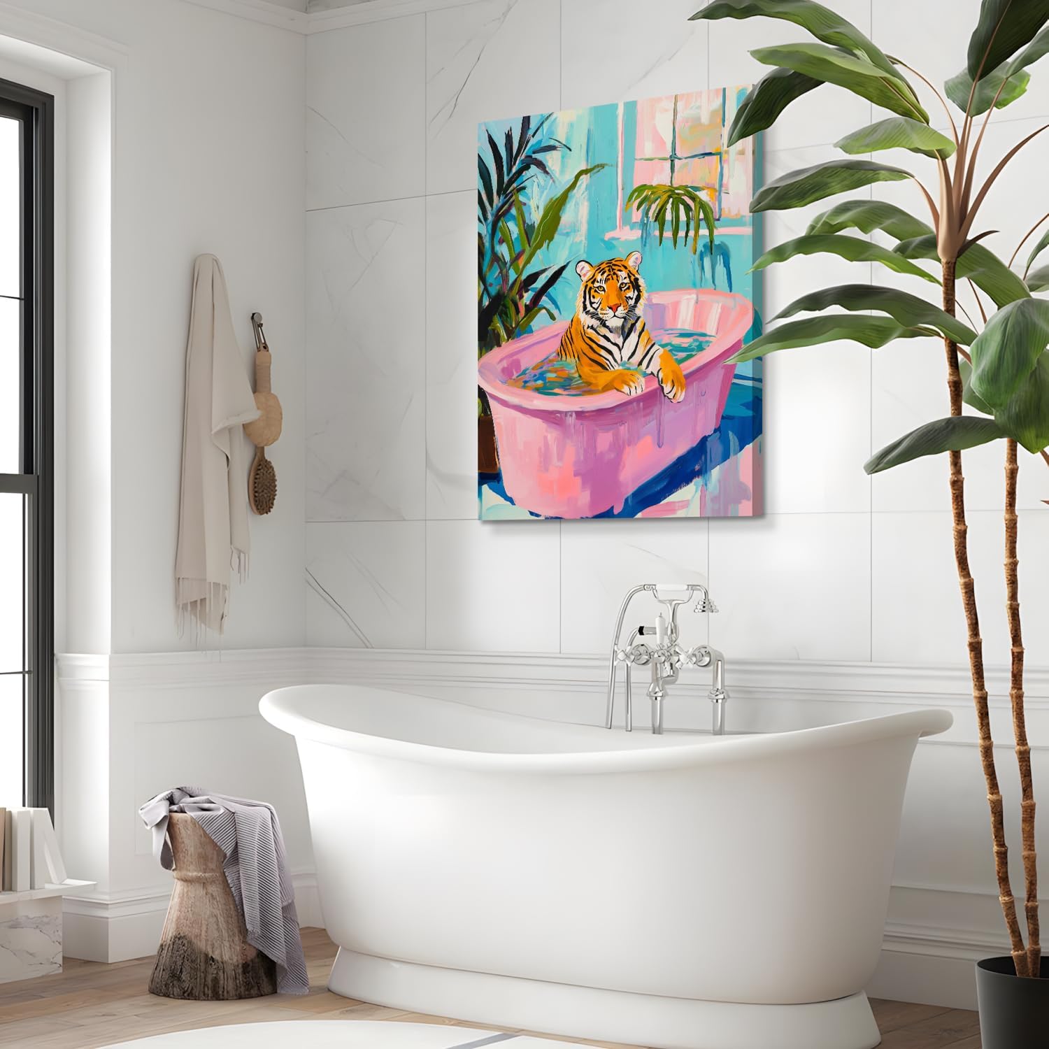 Funny Pink Tiger Wall Art, Cute Tiger Reading Newspaper On The Toilet, Whimsical Animal Poster Prints for Restroom Bathroom 12x16 In Set of 2