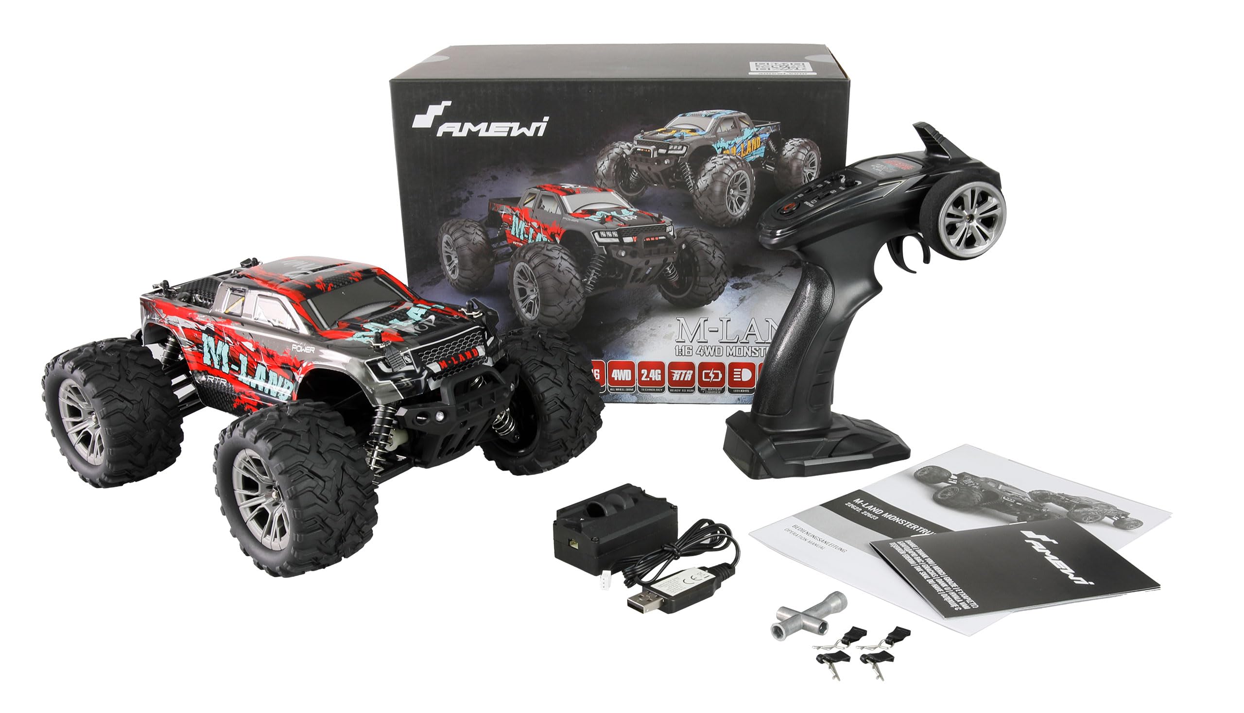 M-Land Monster Truck 48 km/h 4WD 1:16 RTR czerwony zdalnie sterowany
