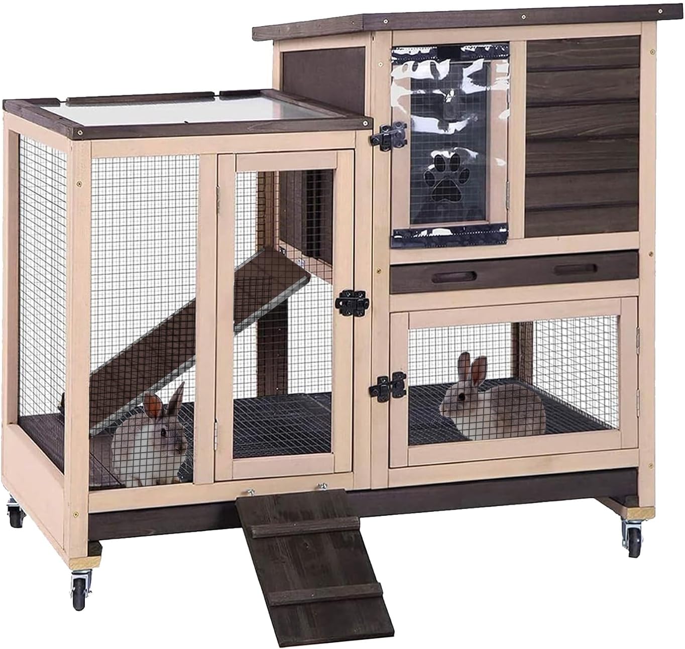 Rabbit Hutch Indoor/Outdoor, 2 Story Large Bunny Cage with Chew-Proof Ramp and Leak-Proof Sliding Trays, Mobile Guinea Pig Cages with Wheels, Wooden Rabbit House (Brown