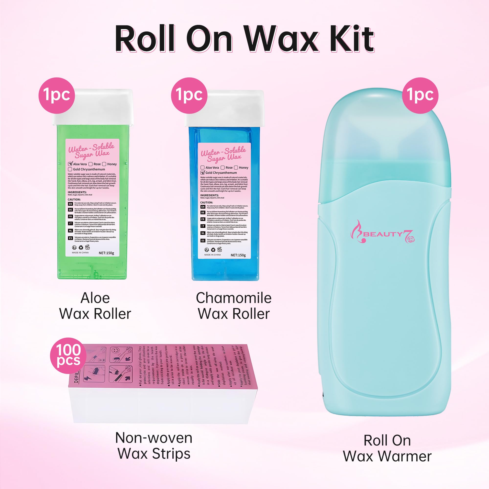 Beauty7 Elektrisches Warmwachsgerät Wachspatronen Set, 2 x Roll-on Wax Wachspatronen, Roll On Wax Roller, für die Haarentfernung im Achsel, Intim, Bein und Brustbereich mit 100 Vlies-Wachspapier