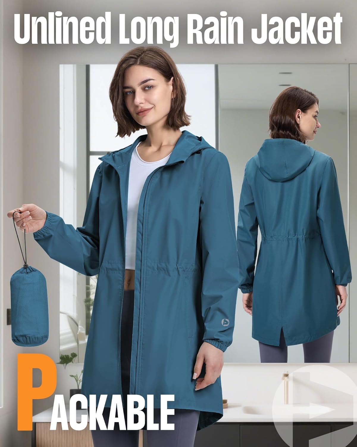 Outdoor Ventures Women's Waterproof Long Rain Coats Packable Lightweight Rain Jacket With Hood Windproof Trench Coats - Image 5