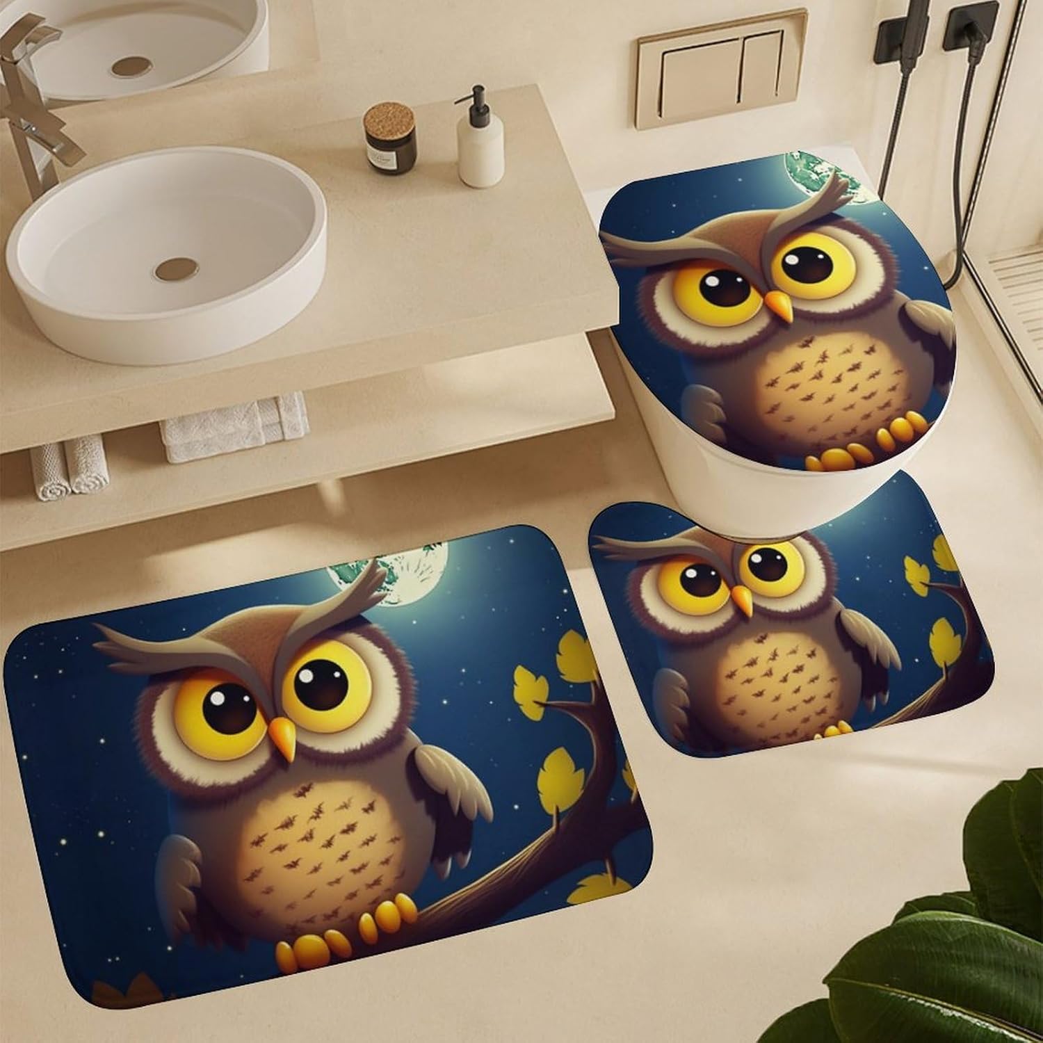 Anti-Skid Floor Mats 3 Piece Set,Owl and Yellow Moon Printed Coral Fleece Bathroom Mats U-Shaped Contour Mat Toilet Seat Cover for Bathroom, Tub, Shower, Kitchen 19.7"x31.5"