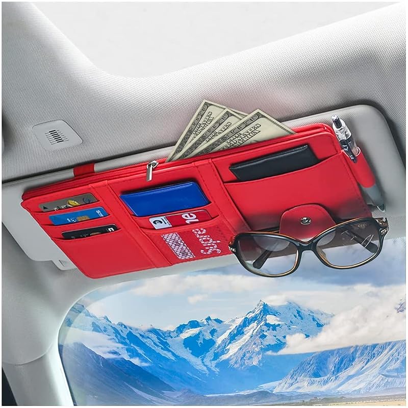 Organizador para Quebra-Sol Automotivo XINLIYA em Couro Sintético com Zíper, Porta-Cartões e Compartimentos, Vermelho