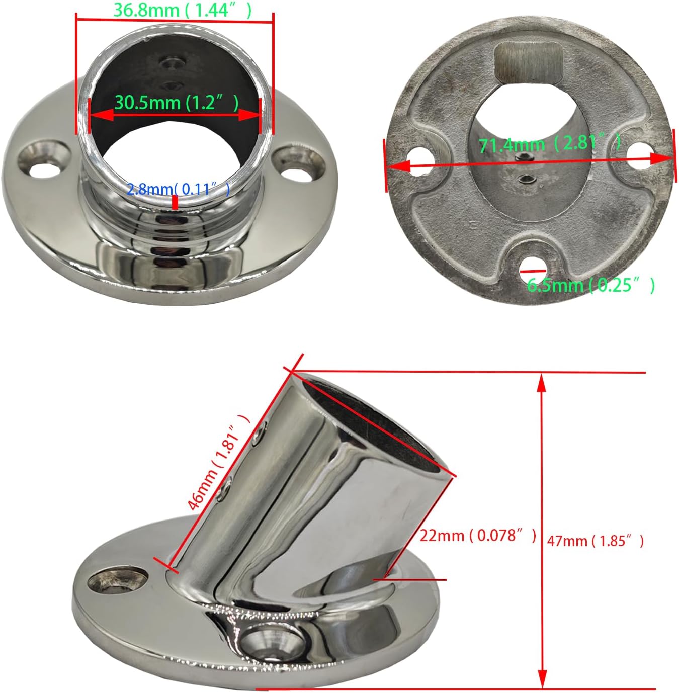 60 Degree Boat Deck Handrail Rail Fitting Round Base 316 Marine Grade Stainless Steel for 30mm (1.18”) Tube 2 Pcs