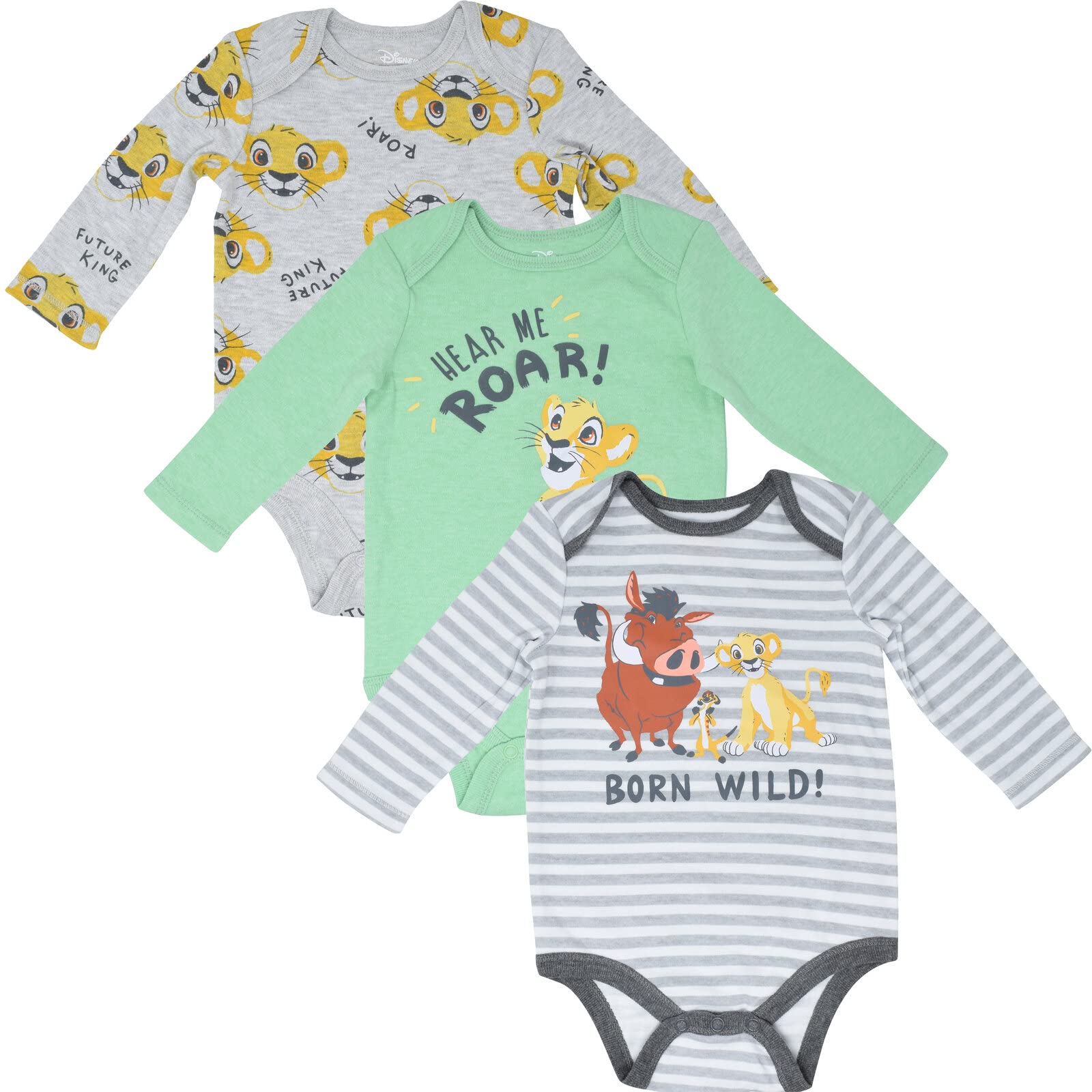 Disney Lion King Baby Boys 3 Pack Long Sleeve Bodysuits Green/White/Gray 18 Months