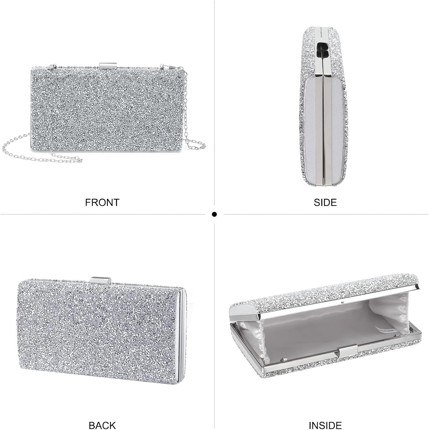 Evening Bags Clutch Purses for Women Formal, 2-Side Rhinestone Crossbody Handbags Metal Clasp Purse Sparkly for Wedding Guest Party, Silver - Image 7