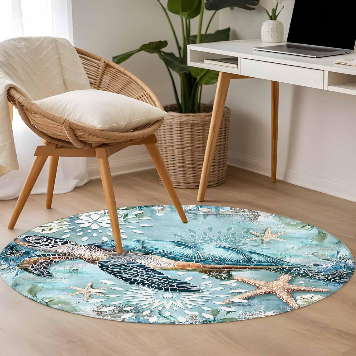 Sea Turtle Coastal Round Area Rug 4 FT, Small Entryway Kitchen Mat, Vintage Teal Nautical Beach Botanical Washable Circular Rug Non-Shedding Door Mat for Bathroom Playroom Kids Room
