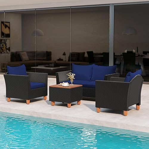 Miniatura 2 de HAPPYGRILL Juego de 4 piezas de mimbre para patio, silla de ratán de polietileno y otomana con cojines extraíbles, mesa de centro de almacenamiento,