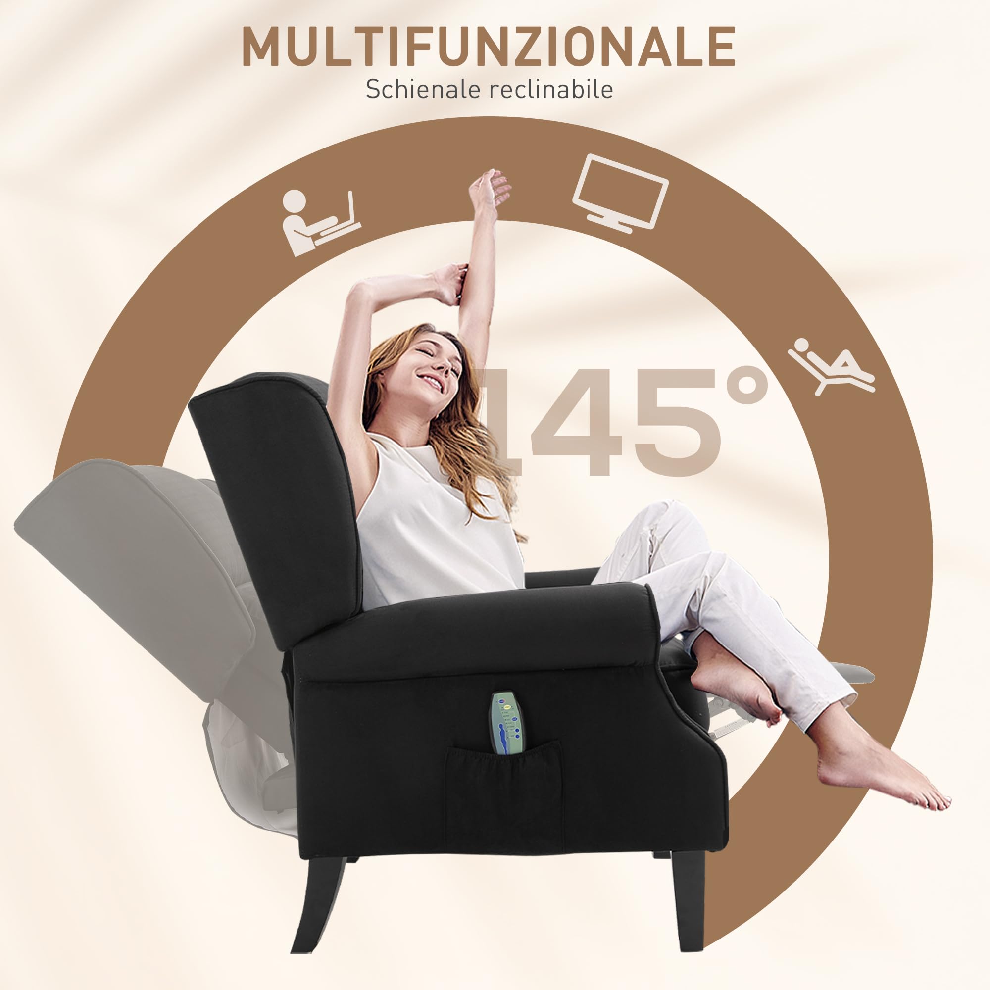 HOMCOM Poltrona Massaggiante Relax Reclinabile con Funzione Riscaldante e Telecomando, 78x83x101cm, Nero