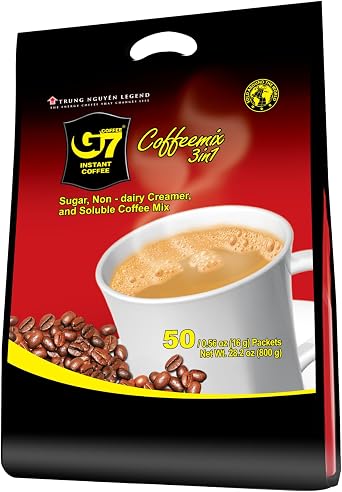 Trung Nguyen G7 Instant Coffee - 3-in-1 Roasted Ground Blend with Cream and Sugar Vietnamese Coffee 50 Bags