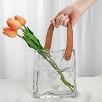 Oairse Glass Purse Vase for Flowers Clear Vases for Centerpieces Glass Bag Vase with Leather Handle Small Bag Vase for Decor Decorative Fish Bowl Handbag Vase for Home Wedding Decor