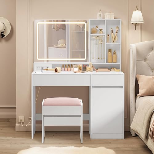 VASAGLE Vanity Desk with Mirror and LED Lights, 2 Drawers 6 Shelves