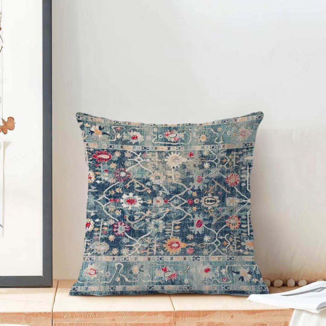 AEIOAE Boho Pillow Covers 18x18 Set of 2 Blue Vintage Retro Decorative Throw Pillow Outdoor Linen Square Farmhouse Decor Cushion Cover for Home Couch Sofa