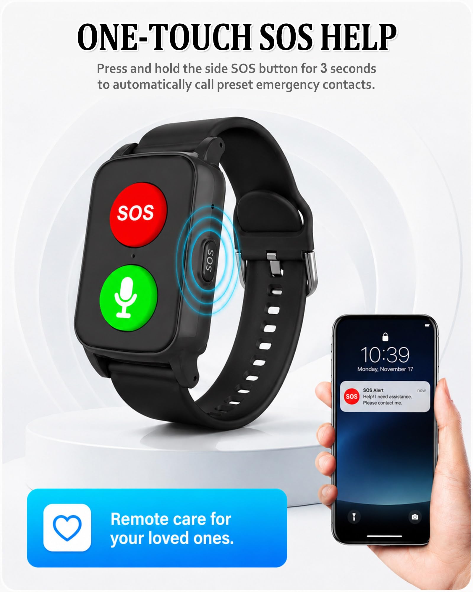 Smartwatch di Allerta Medica per Anziani con Rilevamento di Caduta, Tracciamento GPS e Monitoraggio della Salute, Impermeabile, Pulsante Rosso