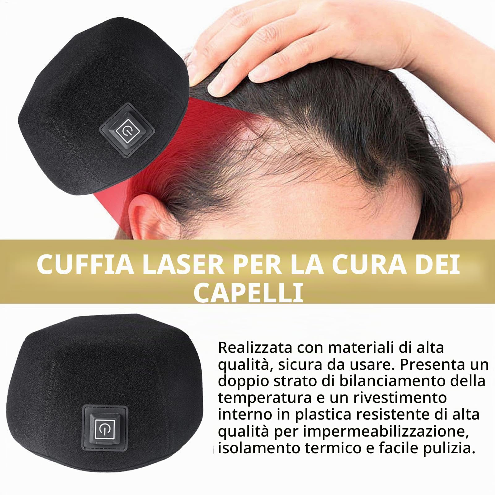 Cuffia per capelli con luce rossa, dispositivo di prevenzione 'alopecia, stimolazione avanzata del cuoio capelluto, vestibilità comoda e leggera, design nero, per diradamento, perdita
