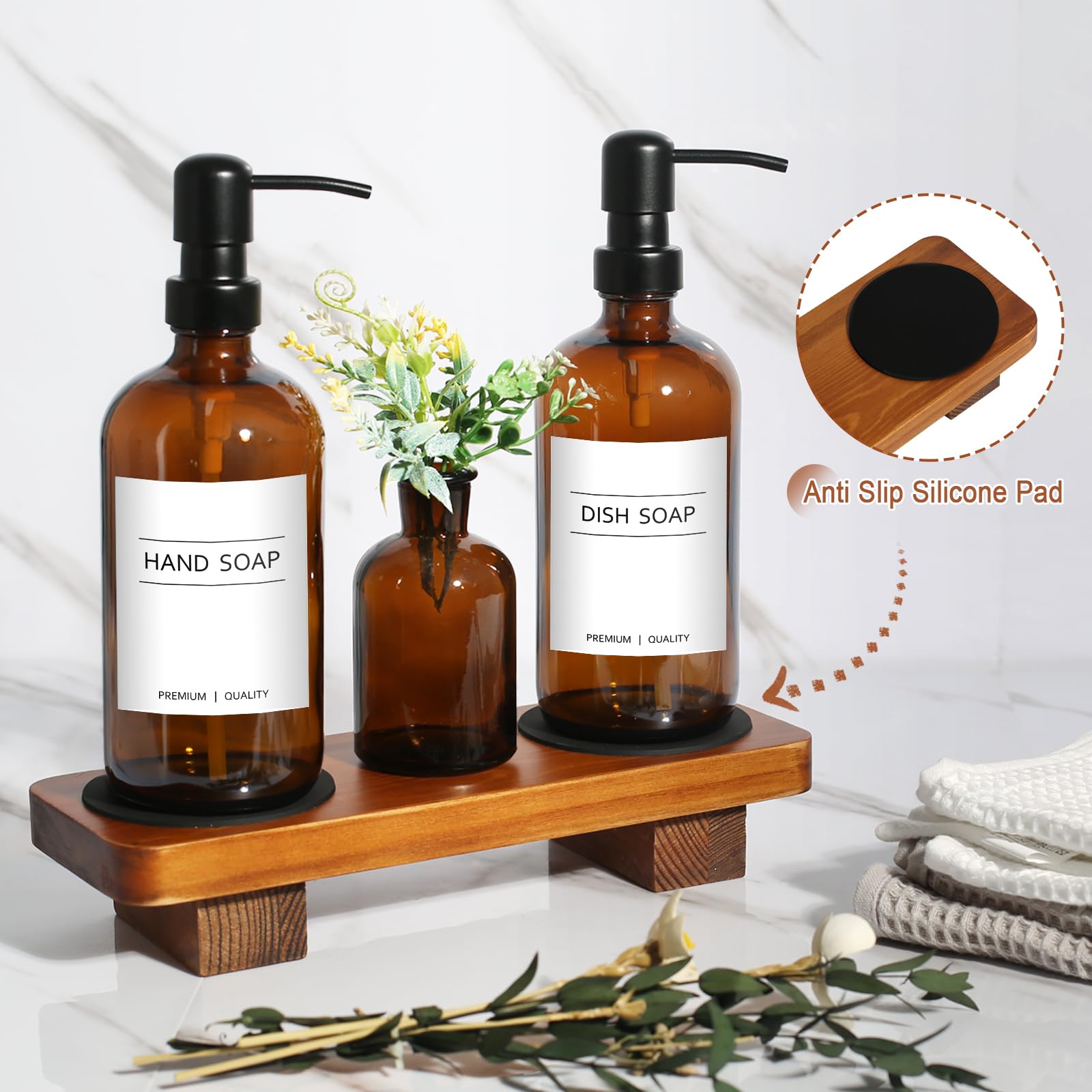 Set dispenser di sapone per mani e piatti, per cucina, dispenser di sapone in vetro ambrato con pompa in acciaio inossidabile, set di dispenser di sapone da cucina con vassoio in legno, dispenser di