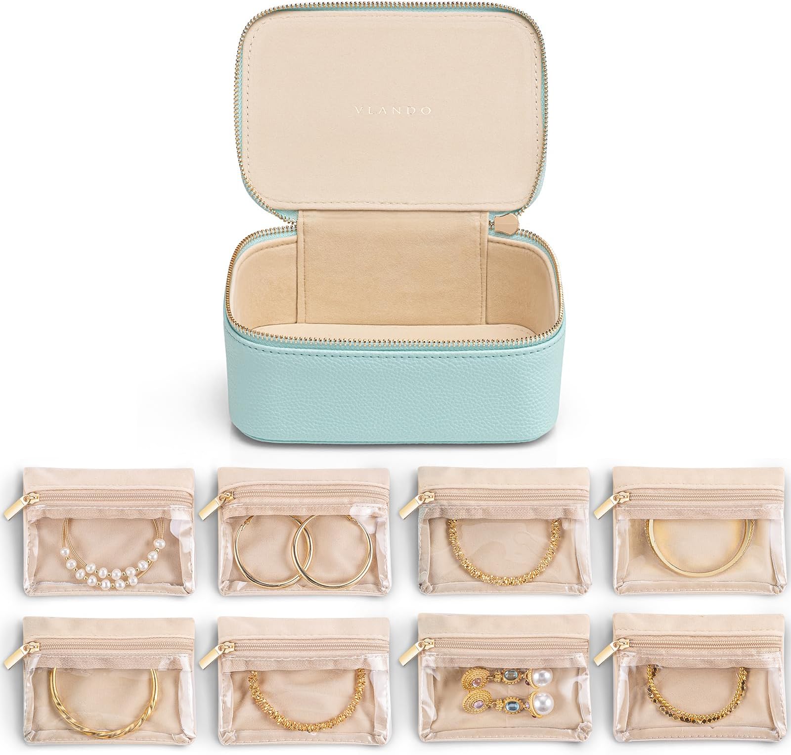 Vlando Jewelry Travel Case,Travel Jewelry Organizer with Clear Velvet Jewelry Bags 8Pcs Zipper Pouch for Women Girl GiftLake Blue