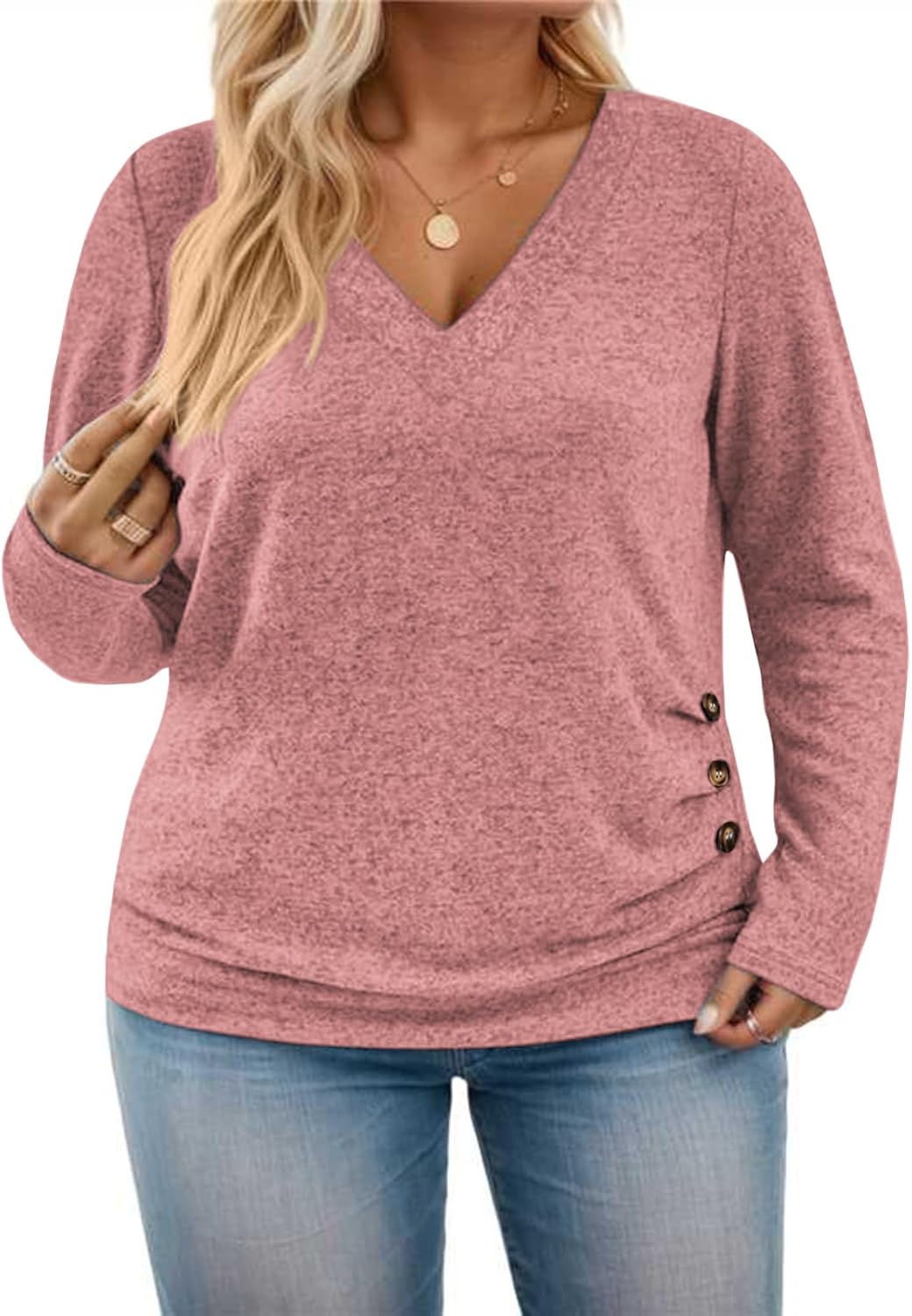 ROSRISS Plus-Size-Tops for Women Casual Long Sleeve Shirts Loose Fit V Neck Button Blouses Dressy Pullover Tunics XL-5XL