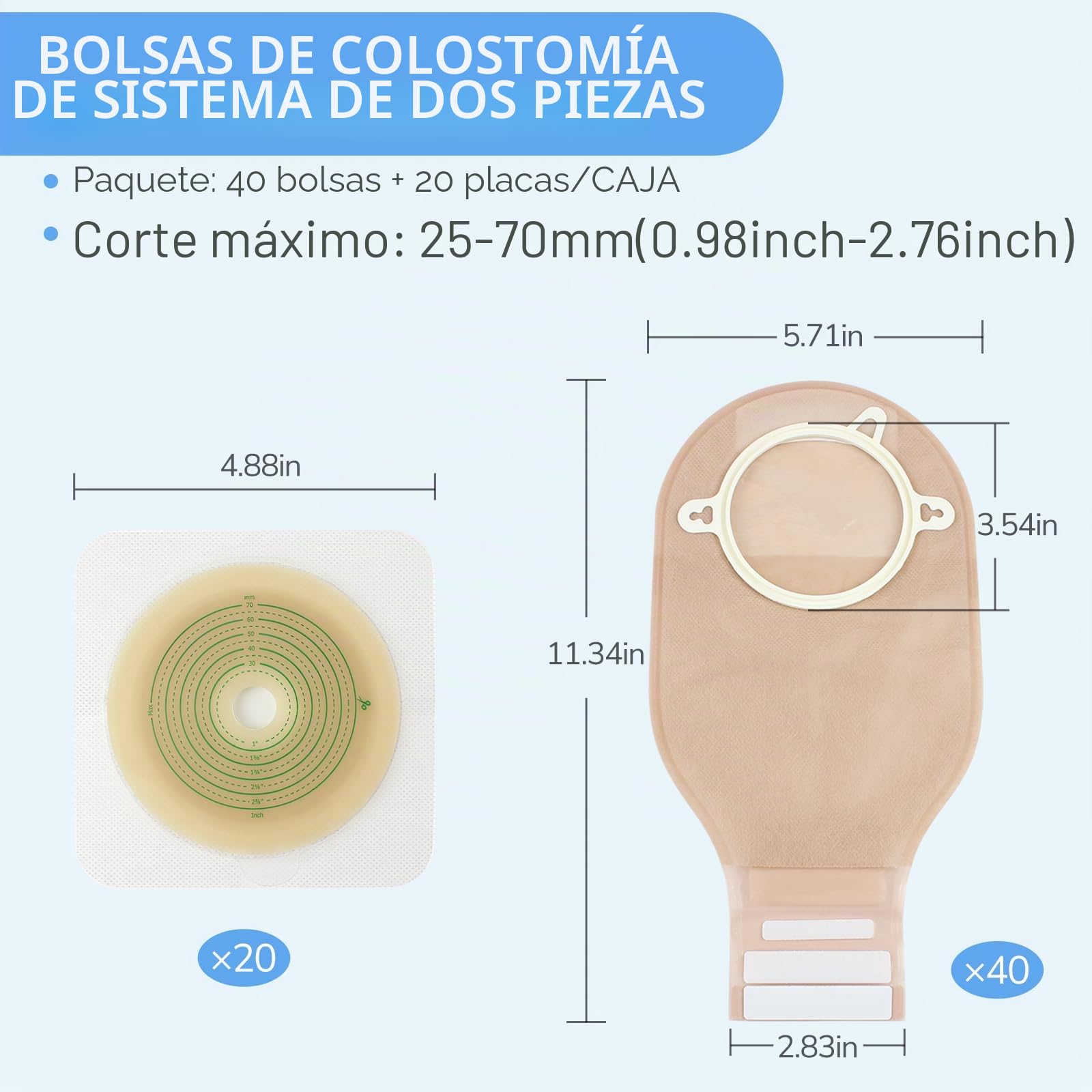 60 bolsas de ostomía, bolsas de colostomía de 2 piezas, bolsas con cierre para ileostomía, recortables hasta máx. 70 mm (40 bolsas de colostomía + 20 protectores de piel)